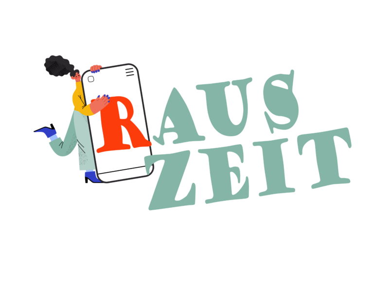 Eine Person mit lockigem Haar umarmt ein riesiges Smartphone, auf dem ein großes rotes "R" zu sehen ist, neben dem in großen Buchstaben das Wort "RAUSZEIT" steht.