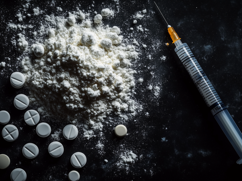 Ein Haufen weißes Pulver liegt neben weißen Tabletten und einer Einwegspritze auf einer dunklen Oberfläche.