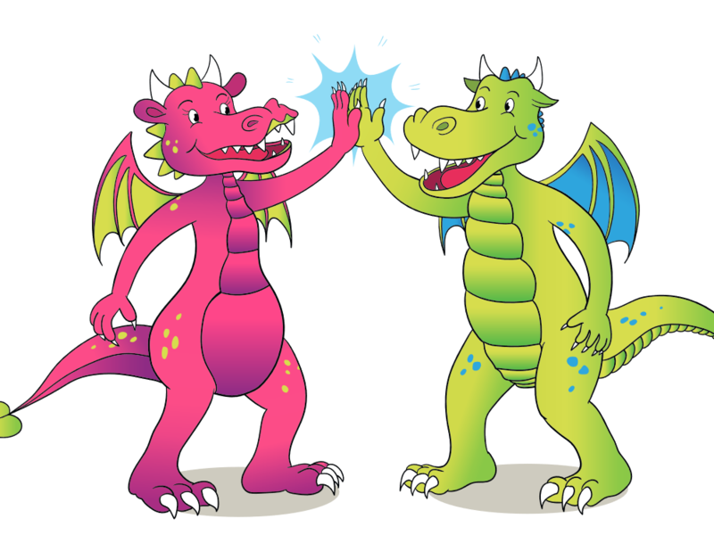 Zwei bunte, lächelnde Drachen, ein roter und ein grüner, geben sich mit Freude einen High-Five.