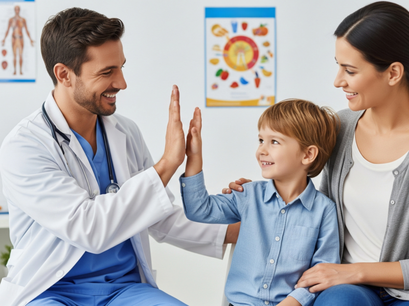 Ein männlicher Kinderarzt macht High-Five mit einem Kind und dessen Mutter im Behandlungszimmer