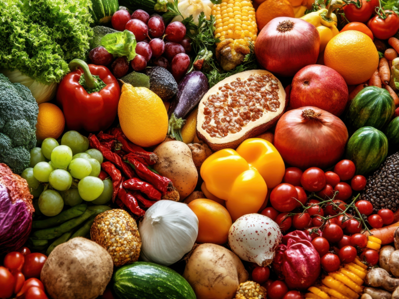 Eine Vielzahl an buntem Gemüse und buntem Obst in verschiedenen Farben liegt nebeneinander 