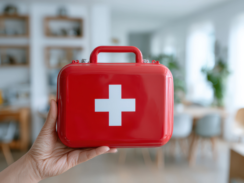Ein roter Notfallkoffer mit einem weißen Kreuz auf dem Koffer