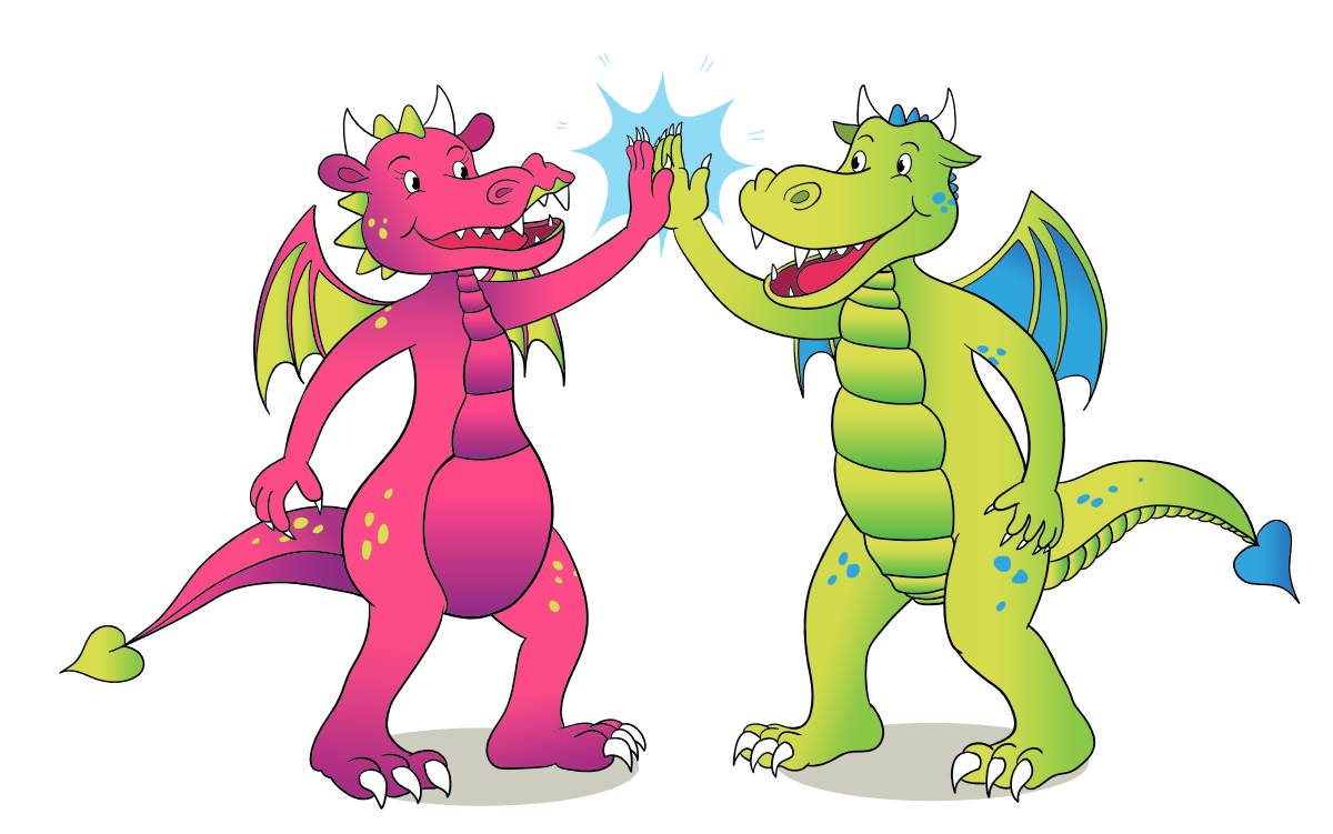 Zwei bunte, lächelnde Drachen, ein roter und ein grüner, geben sich mit Freude einen High-Five.